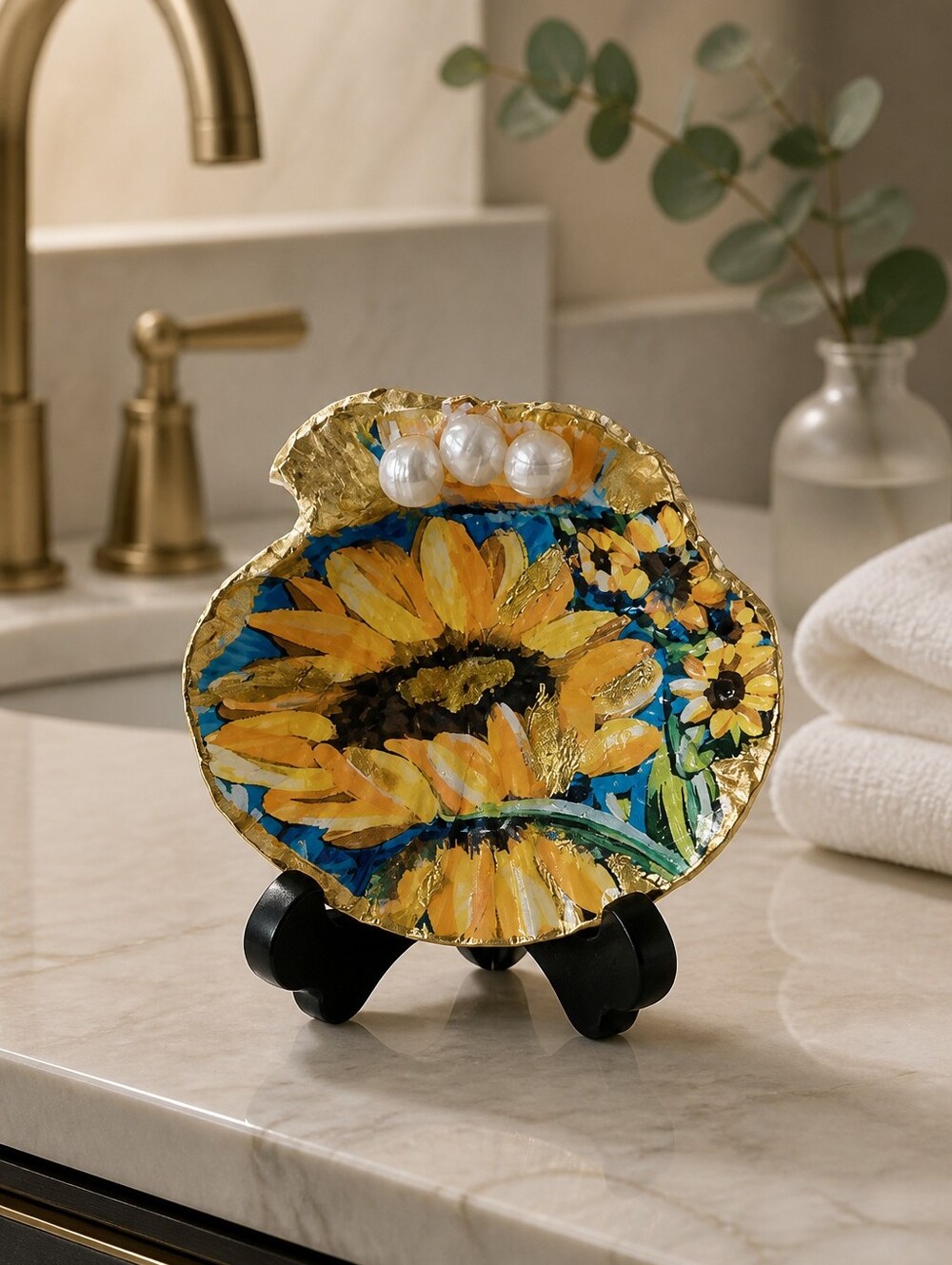 Sunflower Decorative Trinket Clam shell Dish - w/ lucky key